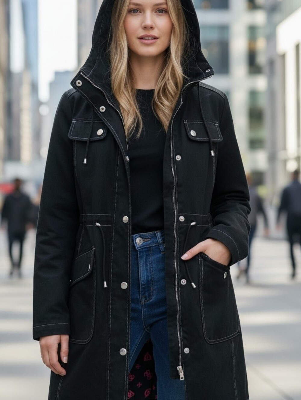 Guess Women’s Black Utility Trench Coat Jacket with Monogram Lining - Picture 2 of 9